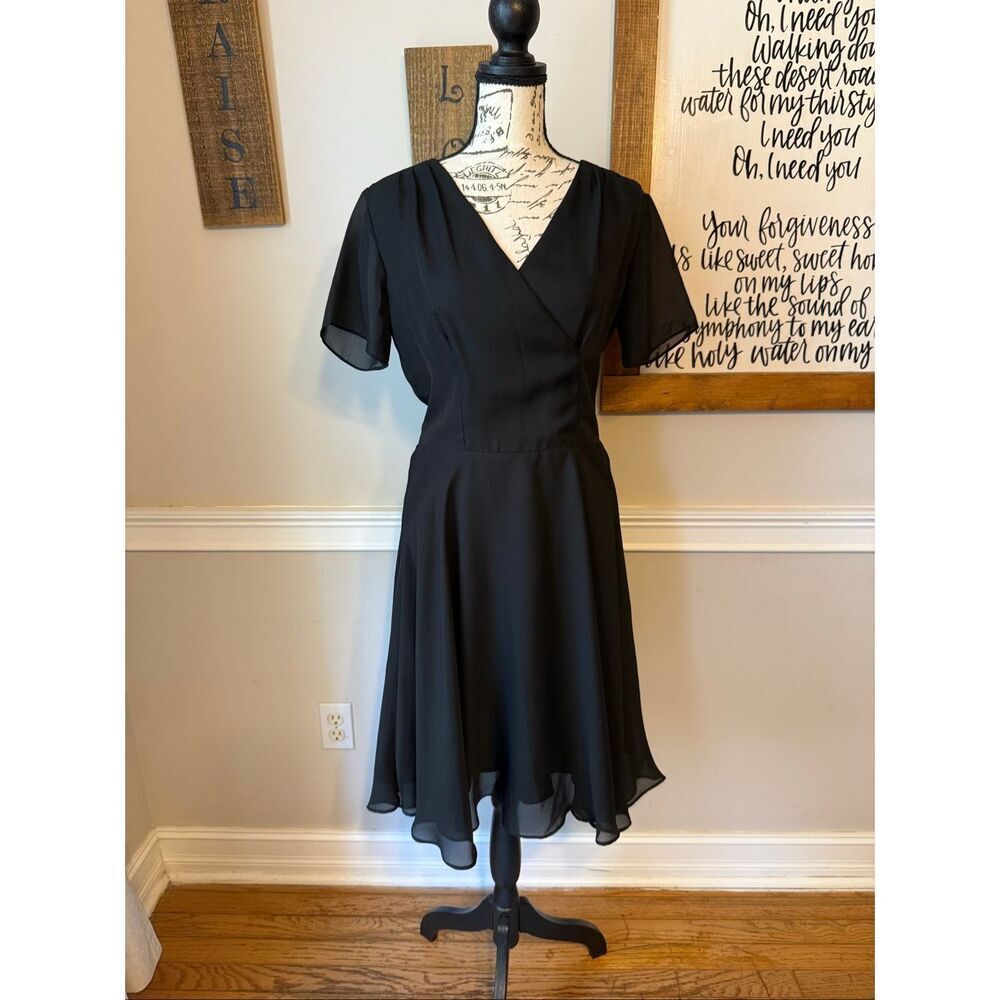 Essentials By ABS Women's Chiffon V-neck Fit And Flare Midi Dress Black Size 8